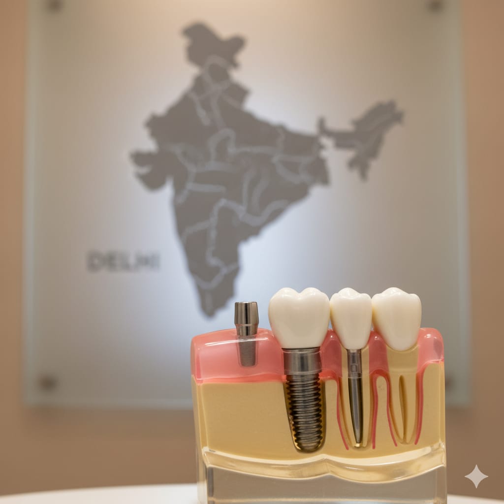 Close-up of a dental implant surgery model in a Delhi clinic, clearly showing bone and gum layers. This image illustrates the precision involved in advanced dental implant procedures.