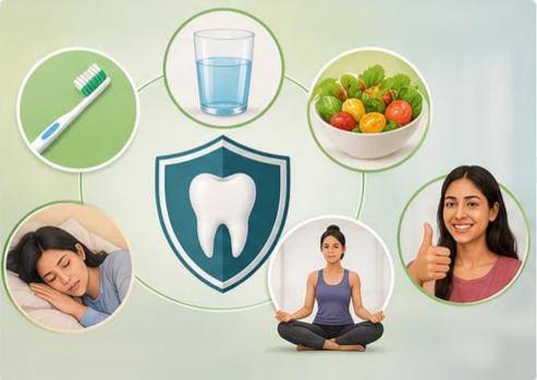 Illustration showing healthy habits such as hydration, oral hygiene, stress management, proper sleep and nutrition to support mouth ulcer healing within 10 days.