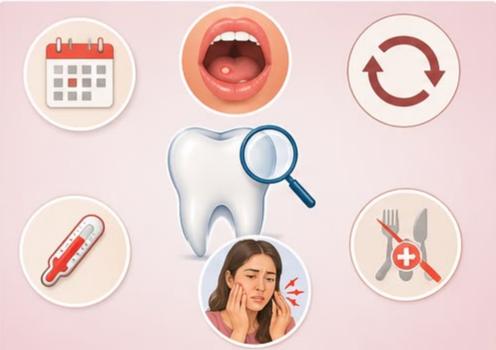 Illustration showing important precautions for mouth ulcer recovery, including avoiding spicy and acidic foods, maintaining oral care, and following healthy eating habits.