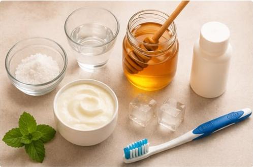 Natural home remedies for mouth ulcers including salt water, honey, yogurt, ice, and oral care products.