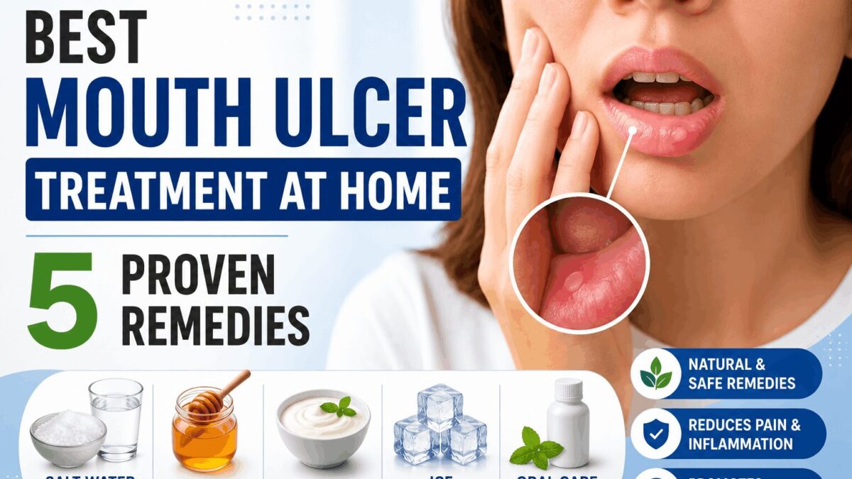 A person with a painful mouth ulcer highlighting five proven home remedies for faster healing and pain relief.