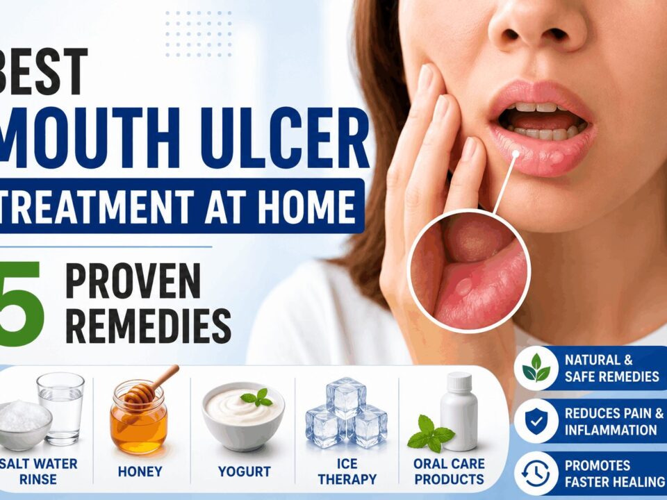A person with a painful mouth ulcer highlighting five proven home remedies for faster healing and pain relief.