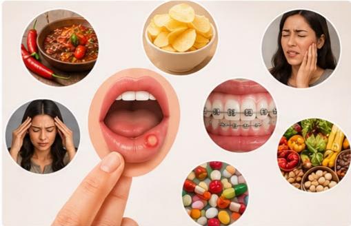 Illustration showing the common causes of mouth ulcers including spicy food, stress, cheek injury, braces, nutritional deficiency and vitamin deficiency.