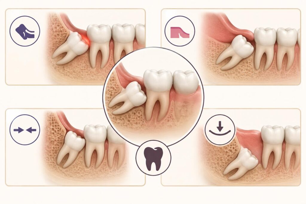 Lower jaw mein impacted wisdom tooth ki alag-alag positions ka dental illustration
