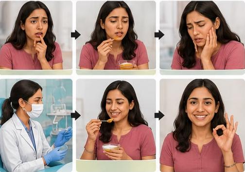 Illustration showing a patient's journey from developing a painful mouth ulcer to home treatment, dental consultation, and complete recovery.