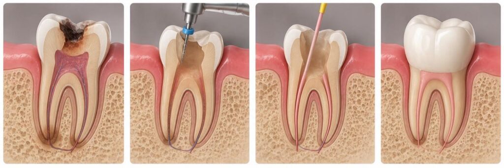 Root canal treatment ke stages dikhata dental illustration