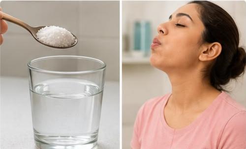 A person rinsing the mouth with warm salt water to relieve pain and promote healing of a minor mouth ulcer.