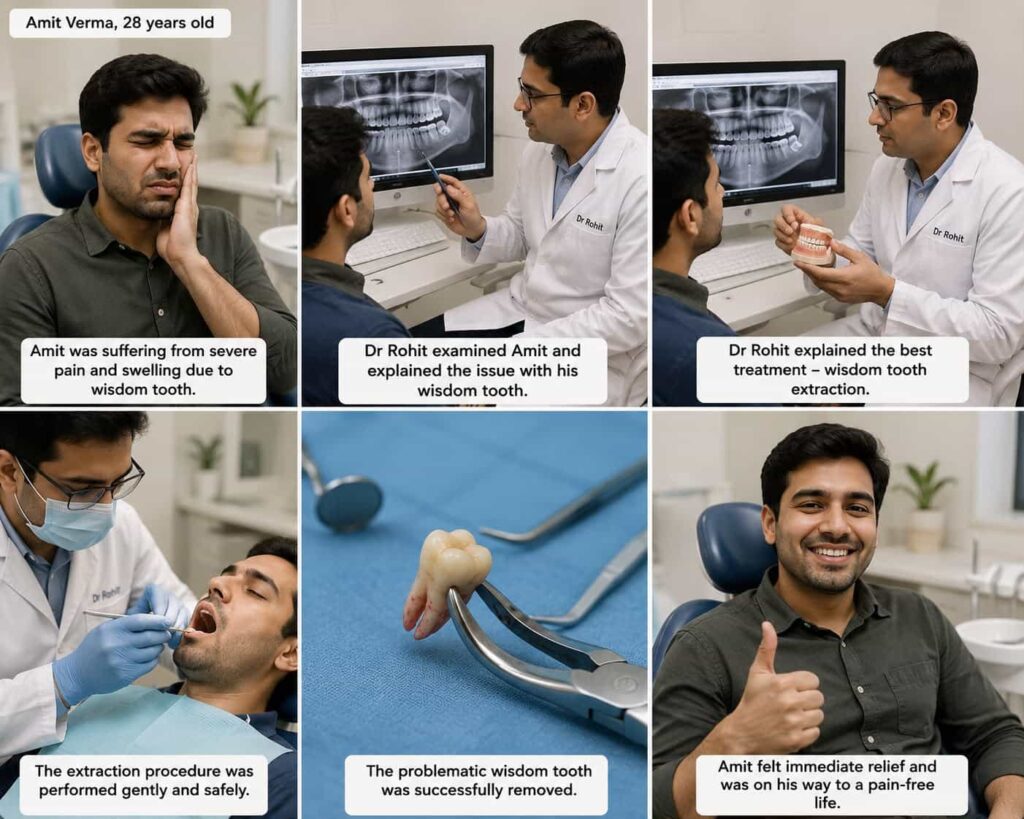 Dr Rohit Sharma dwara wisdom tooth examination, extraction aur follow-up treatment process